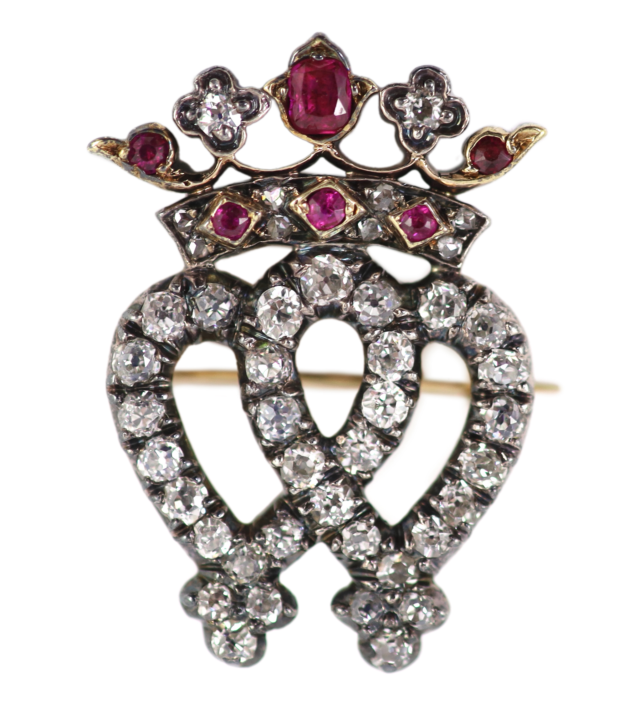 A Victorian gold and silver, ruby and diamond cluster set Luckenbooth brooch